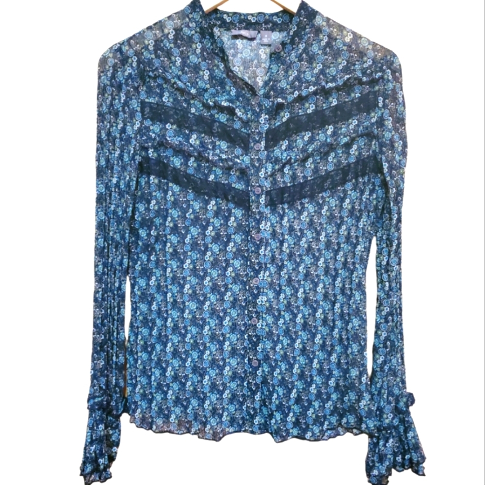 APT 9 S BLUE & GREEN FLORAL SEMI SHEER RUFFLED LACE BELL SLEEVE BUTTON DOWN TOP